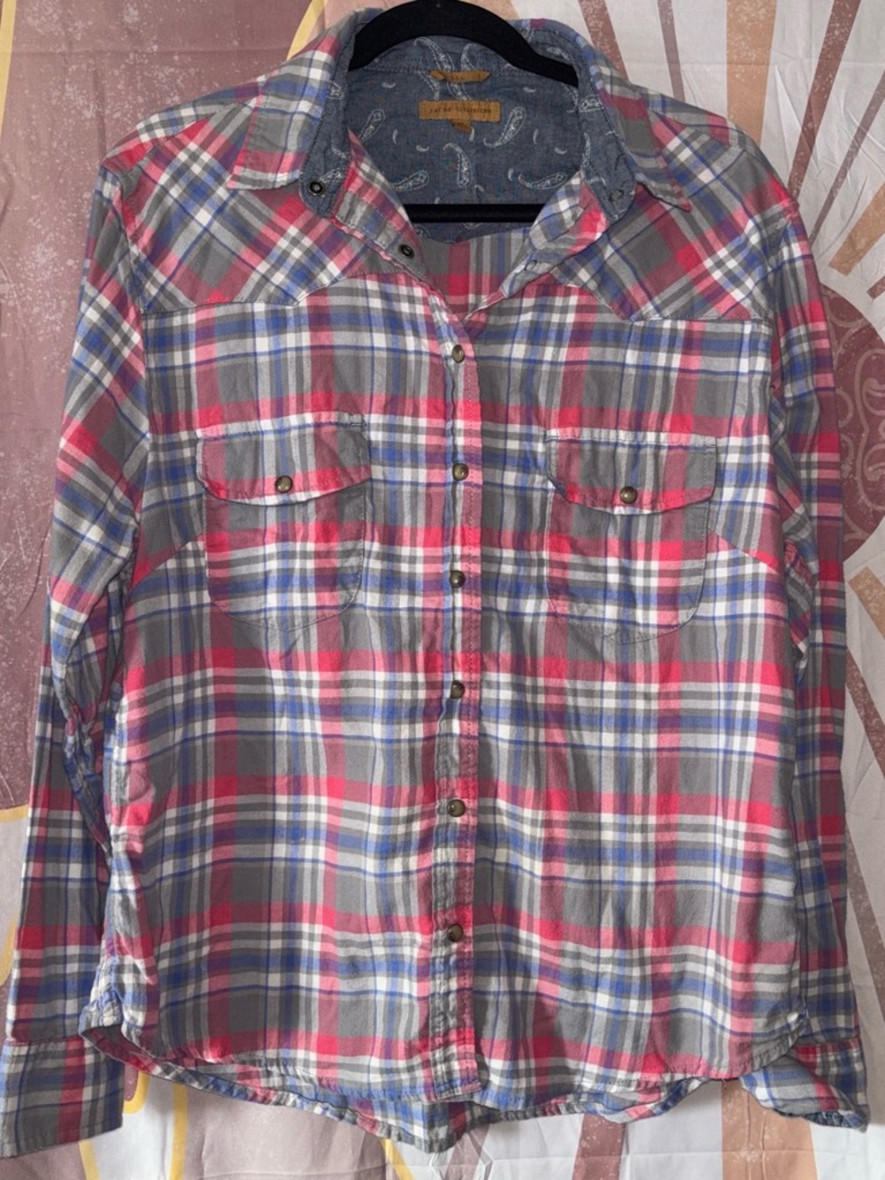 JACHS Girlfriend Pink, Gray and Blue Plaid Button-Down Shirt western farm ranch